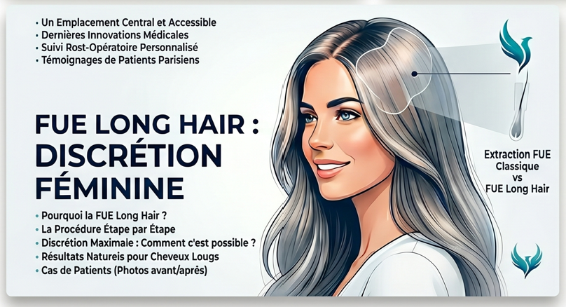 FUE Long Hair women — discreet hair transplant no shaving Paris