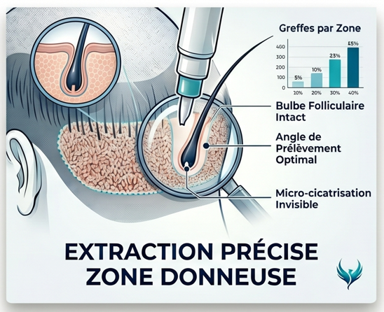 Zone donneuse greffe FUE — extraction folliculaire et capital